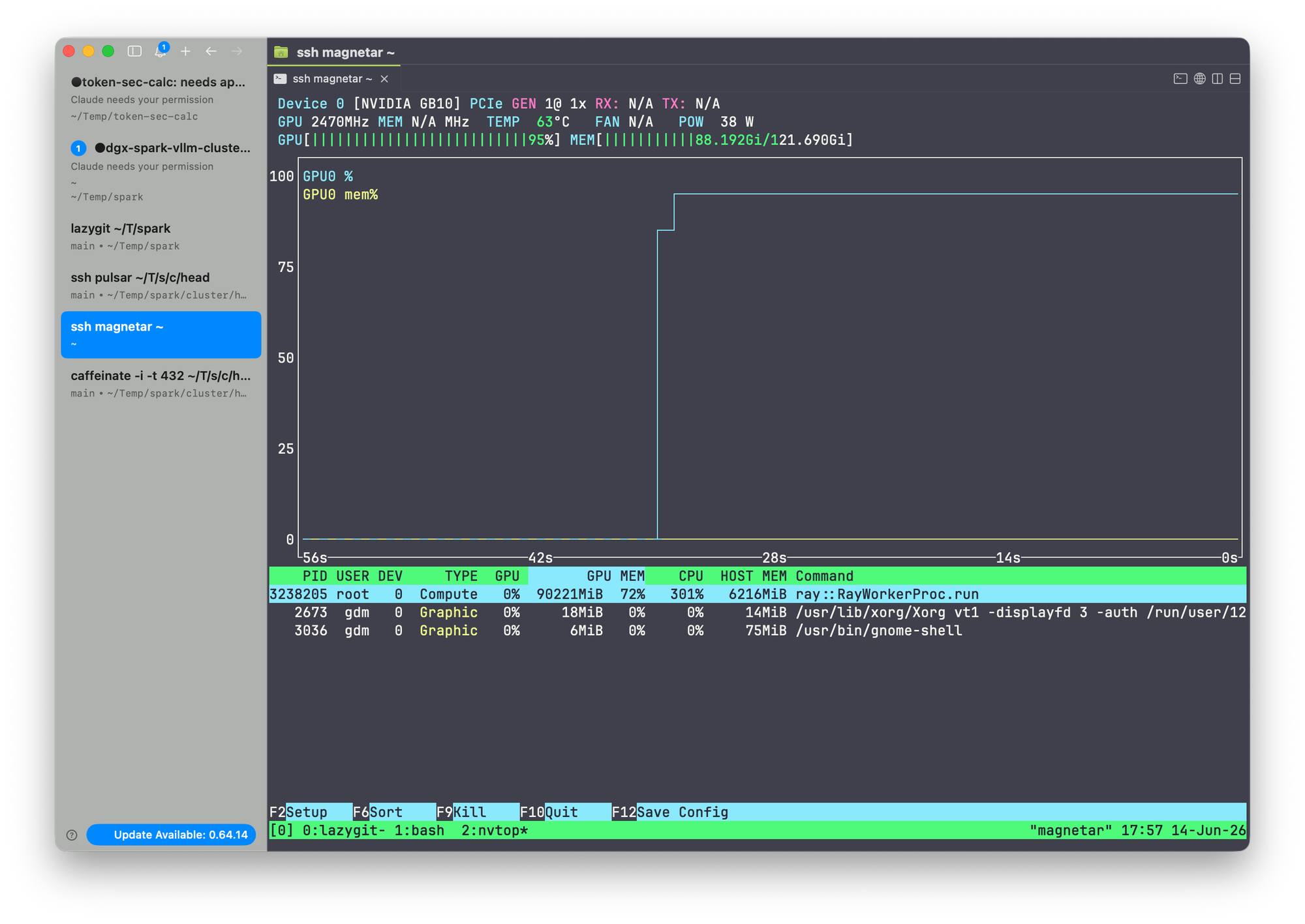 nvtop on node 2 — GPU pinned at 100% during benchmark
