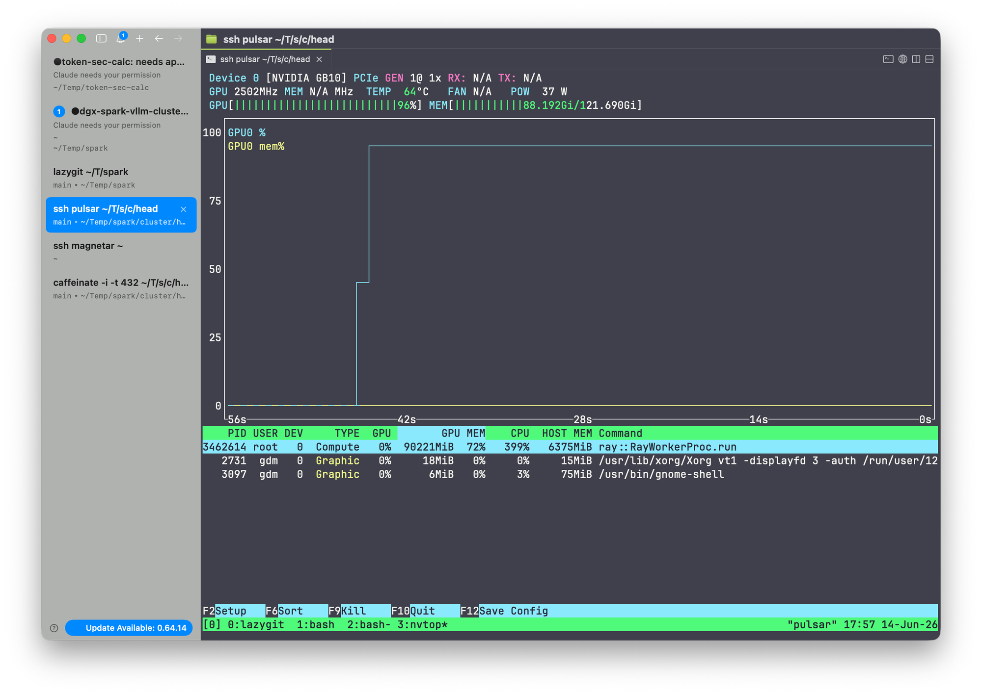 nvtop on node 1 — GPU pinned at 100% during benchmark